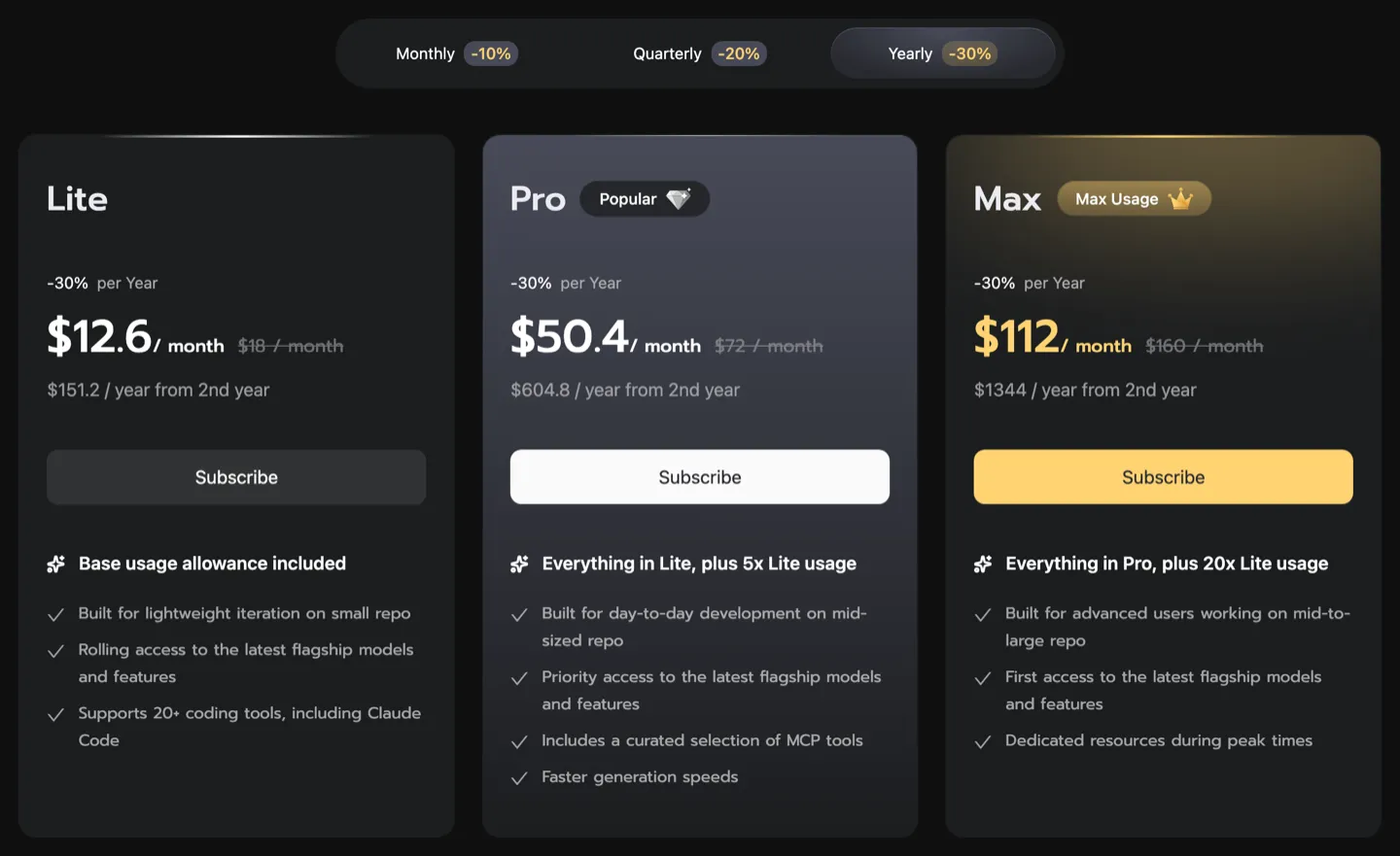 The z.ai GLM Coding Plan pricing, three tiers with discounts