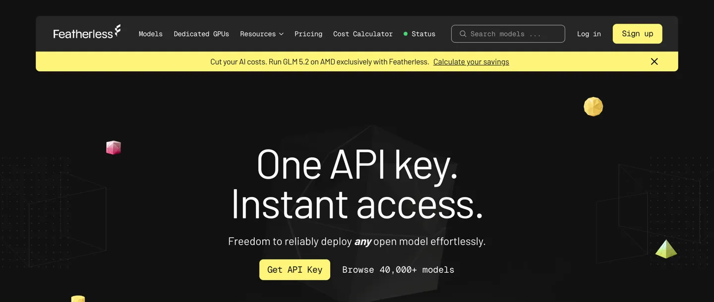 The Featherless landing page: one API key, 40,000+ models