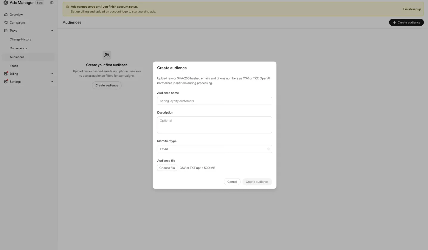 The create-audience dialog